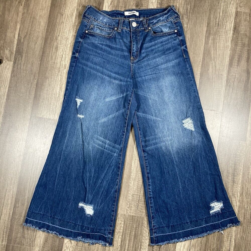 Refuge Wide Leg Flared Trousers Cropped Jeans Womens 6 Capri  Blue Denim 28